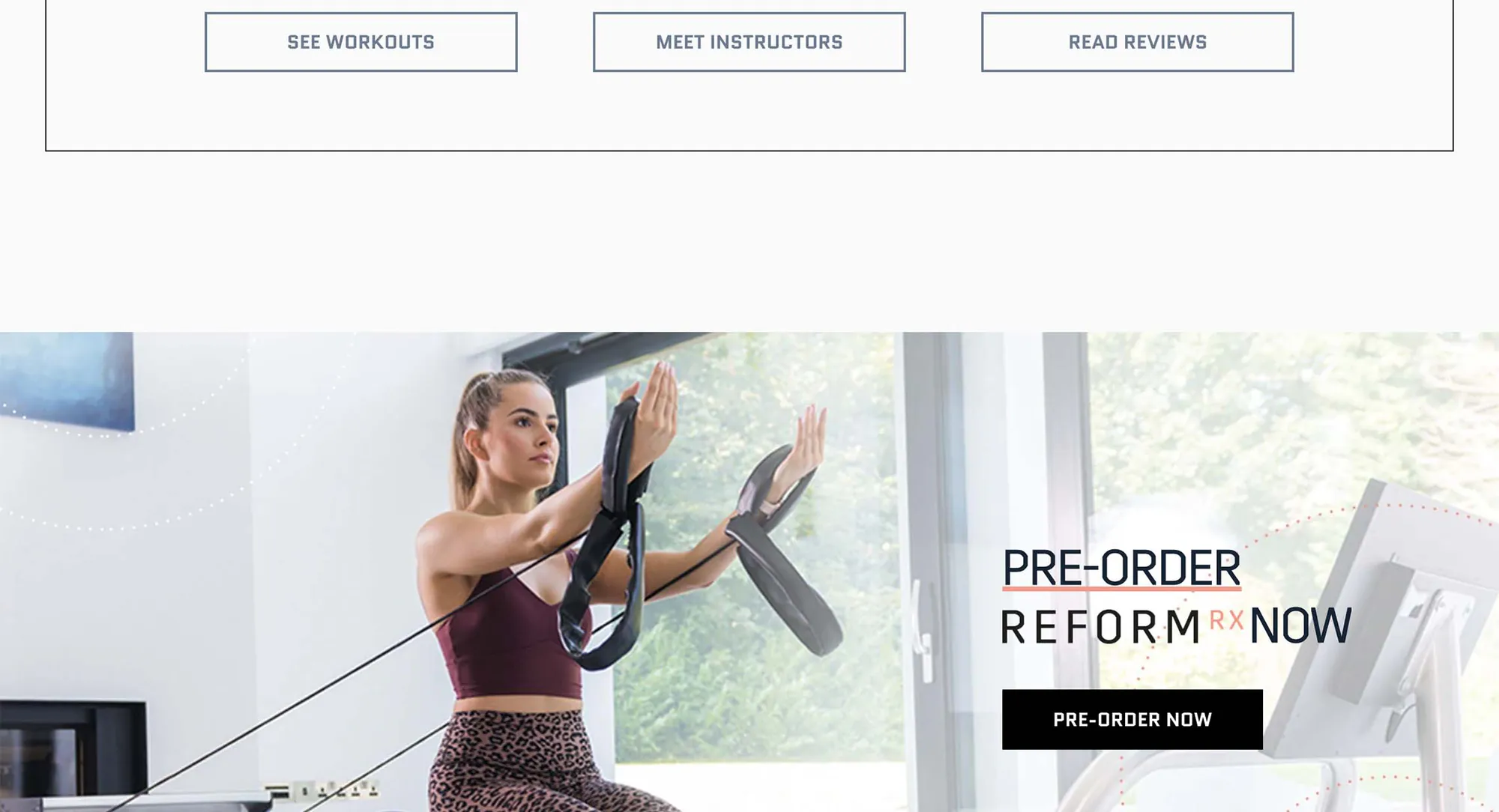 PRE-ORDER REFORM RX NOW — closing call to action over a photo of a woman training on the reformer at home.