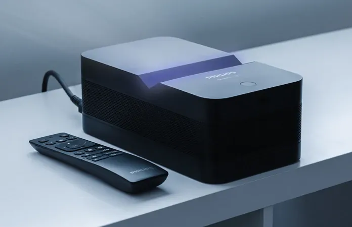 The dark matte U4 and its remote on a white shelf.