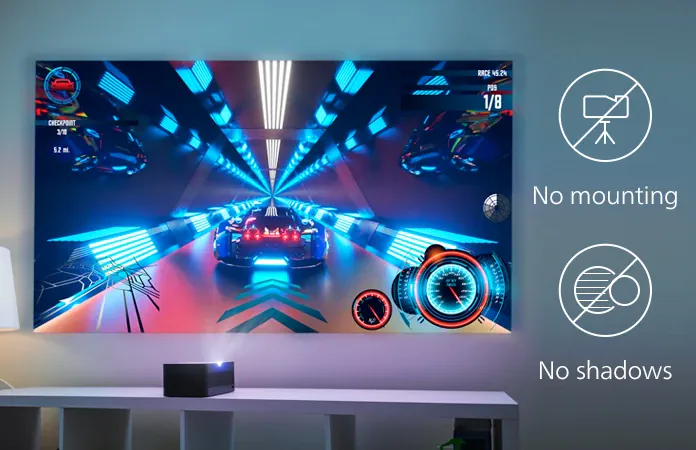 A racing game projected large on a wall from the U4 on a low console just beneath it, beside two icons: No mounting, No shadows.