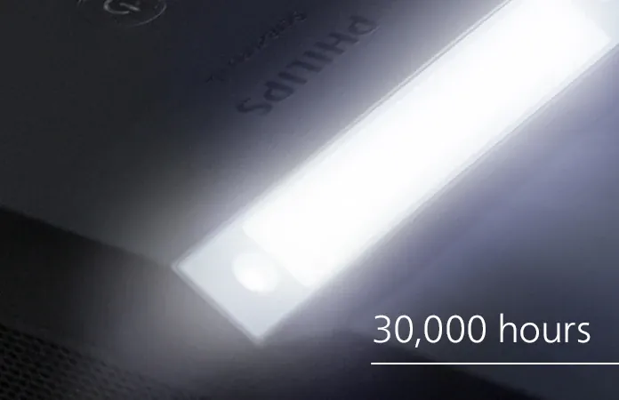 Close-up of the U4's glowing light window beside the Philips mark, labelled 30,000 hours.