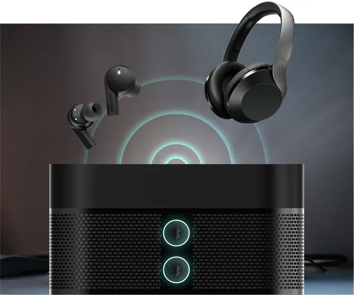 Illustration of earbuds and headphones sharing one audio source over Bluetooth
