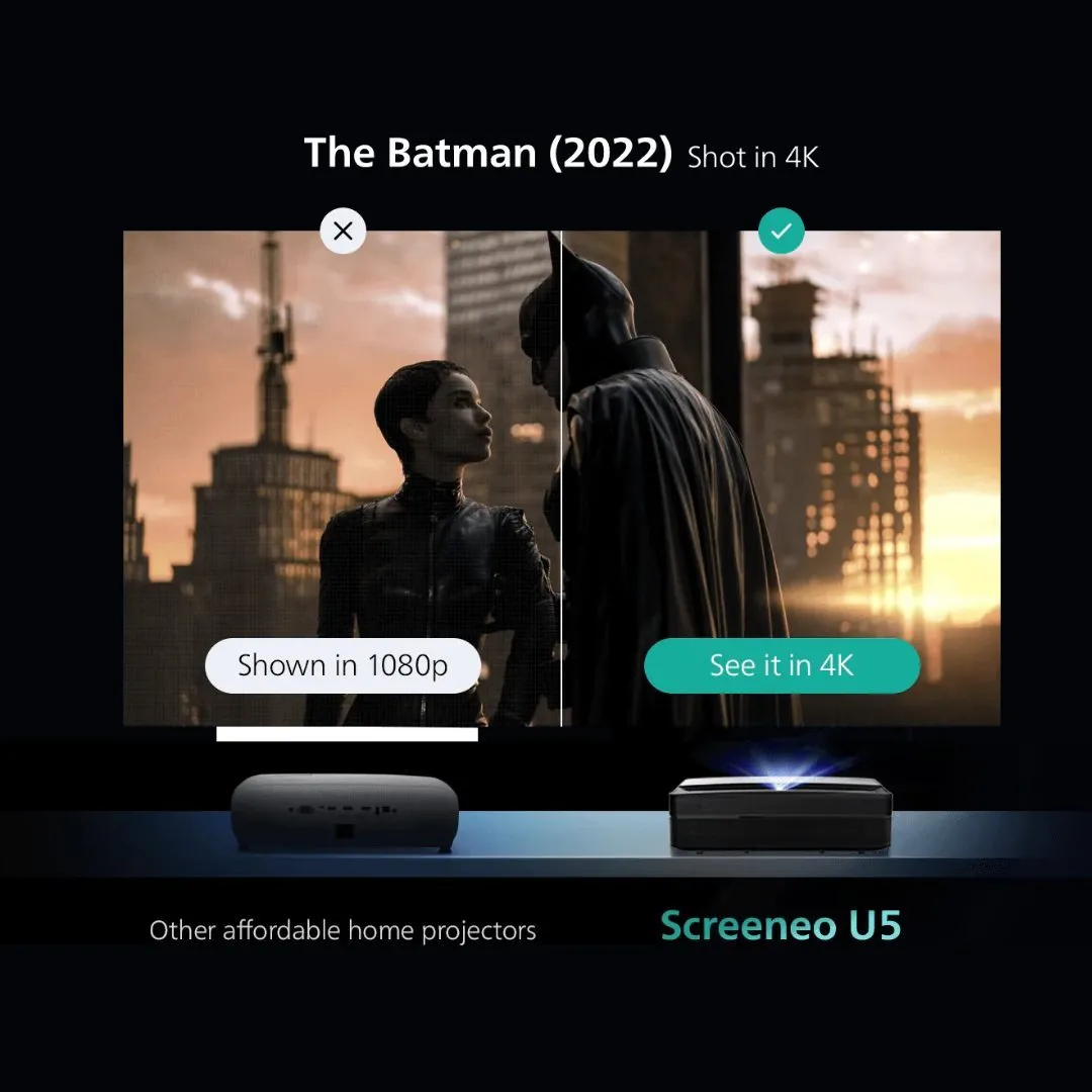 Comparison graphic, “The Batman (2022) Shot in 4K”: a still of Catwoman and Batman split down the middle, the left half “Shown in 1080p” by other affordable home projectors, the right half “See it in 4K” on the Screeneo U5