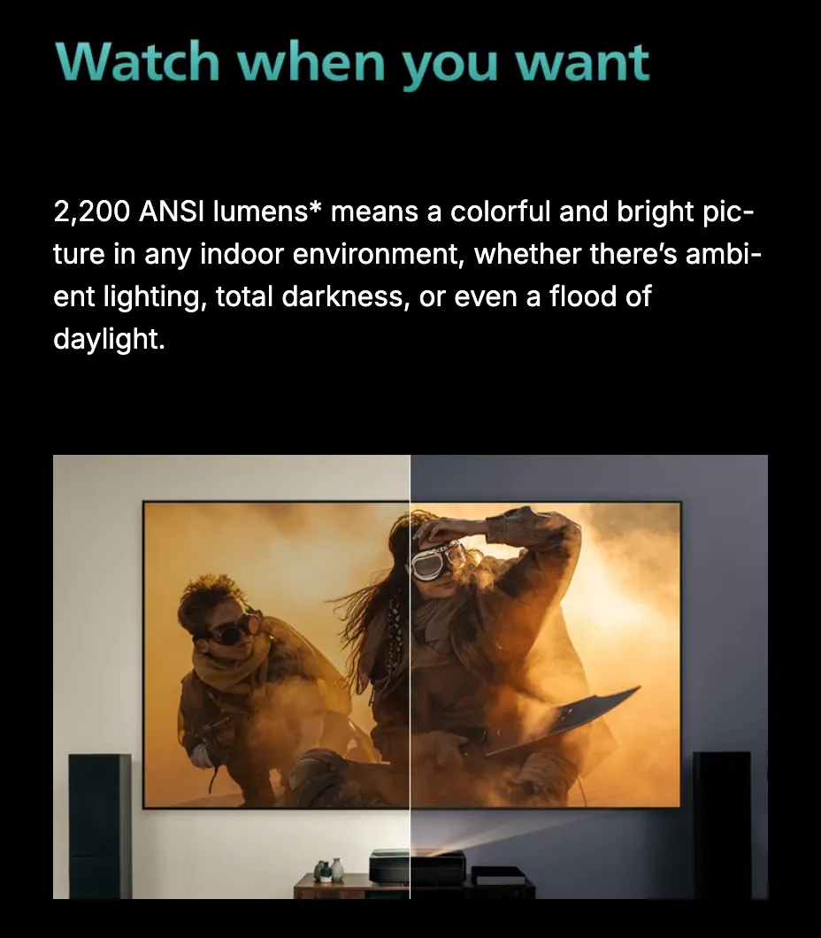Watch when you want. 2,200 ANSI lumens means a colorful and bright picture in any indoor environment, whether there's ambient lighting, total darkness, or even a flood of daylight — over one projected picture split down the middle, a daylit room on the left and a darkened one on the right.