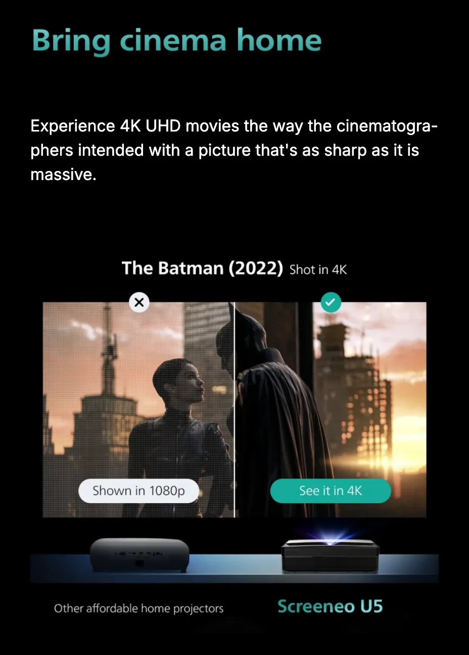 Bring cinema home. Experience 4K UHD movies the way the cinematographers intended with a picture that's as sharp as it is massive — a scene from The Batman (2022), headed Shot in 4K, split between Shown in 1080p and See it in 4K, above a strip comparing other affordable home projectors with Screeneo U5.