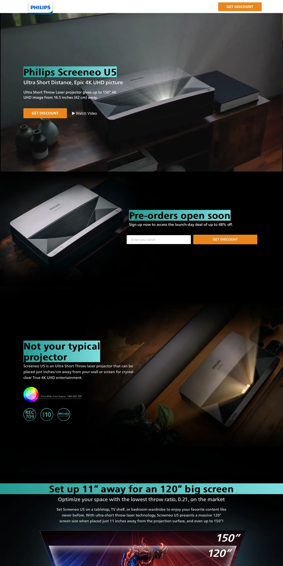 The screeneo.com homepage as it ran before launch: the U5 hero over a dark living-room scene, an email signup band for launch-day pricing, and the ultra-short-throw feature sections.