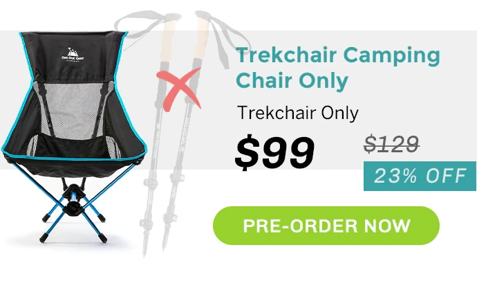 Trekchair Camping Chair Only reward card, the poles crossed out: Trekchair Only, $99 (was $129, 23% off), Pre-order Now.