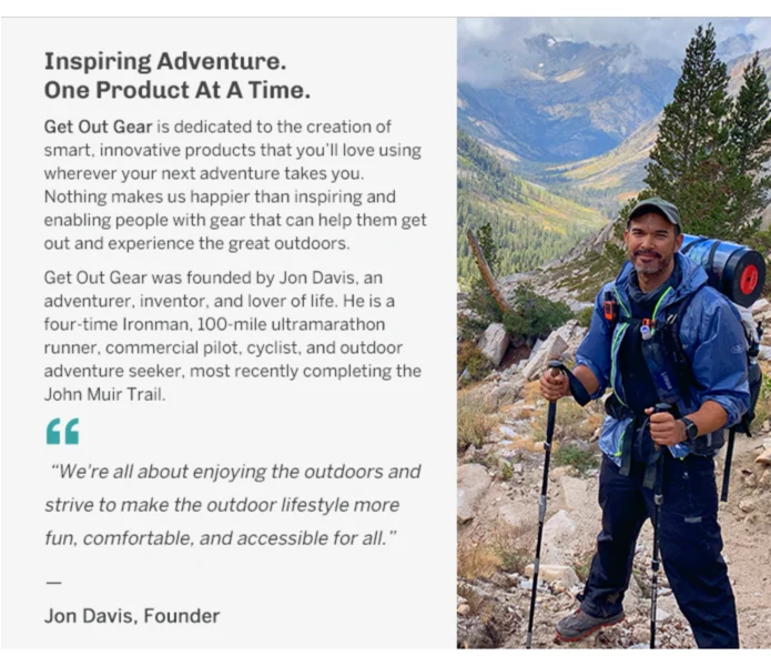 Founder card: Inspiring Adventure, One Product At A Time — Get Out Gear's mission, founder Jon Davis's outdoor biography, and his quote, beside a photo of him hiking a mountain trail with trekking poles.