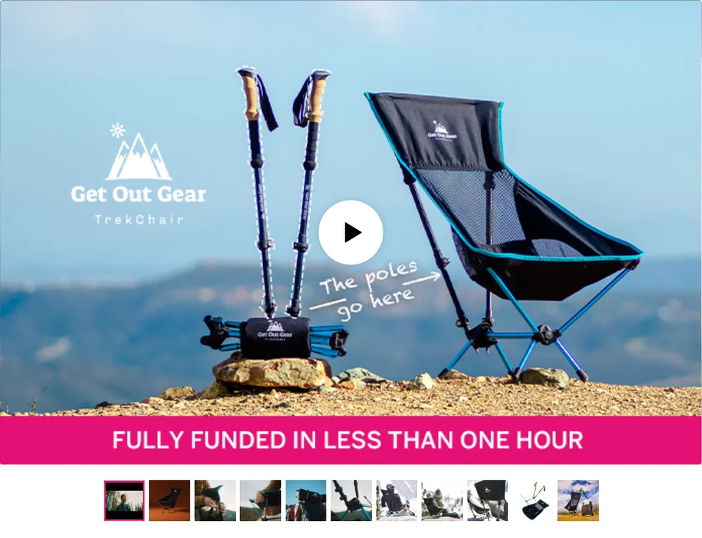 Mobile campaign hero: video poster of the TrekChair and trekking poles on a summit, a banner reading 'Fully funded in less than one hour,' and the gallery thumbnails.