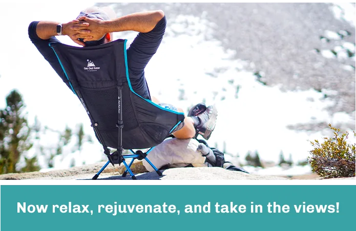 A hiker lounging in the assembled TrekChair — now relax, rejuvenate, and take in the views!