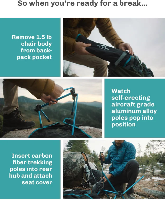 So when you're ready for a break: remove the 1.5 lb chair body from your backpack pocket; watch the self-erecting aircraft-grade aluminum poles pop into position; insert the carbon fiber trekking poles into the rear hub and attach the seat cover.