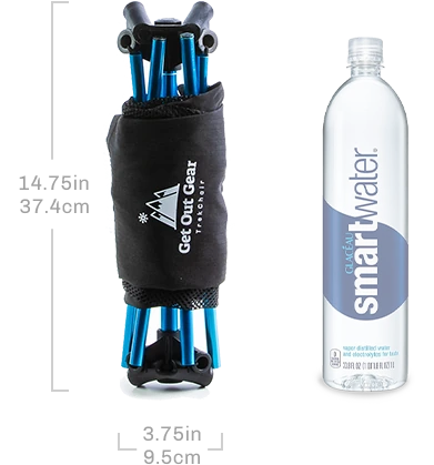 Size comparison: a folded TrekChair (14.75 in / 37.4 cm tall, 3.75 in / 9.5 cm wide) beside a Smartwater bottle.