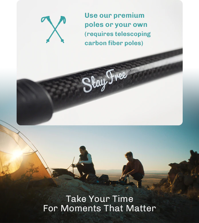 Use our premium poles or your own (requires telescoping carbon fiber poles) — a close-up of a TrekChair carbon fiber pole shaft lettered Stay Free, above a sunrise campsite photo captioned Take Your Time For Moments That Matter.