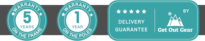 Warranty badges: 5-year frame, 1-year poles, and a 5-star delivery guarantee by Get Out Gear.